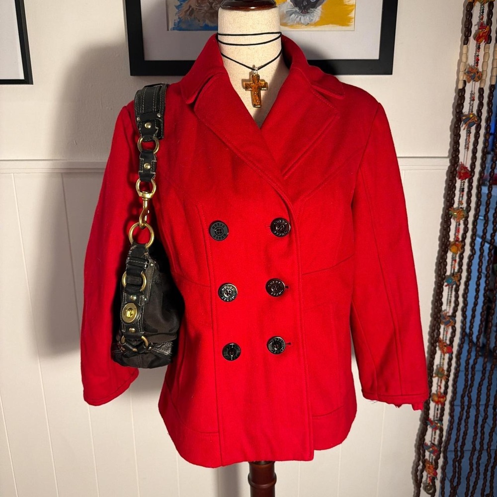 Guess Los Angeles Red Wool Double Breasted Peacoat Jacket Womens XL Y2K Preppy
